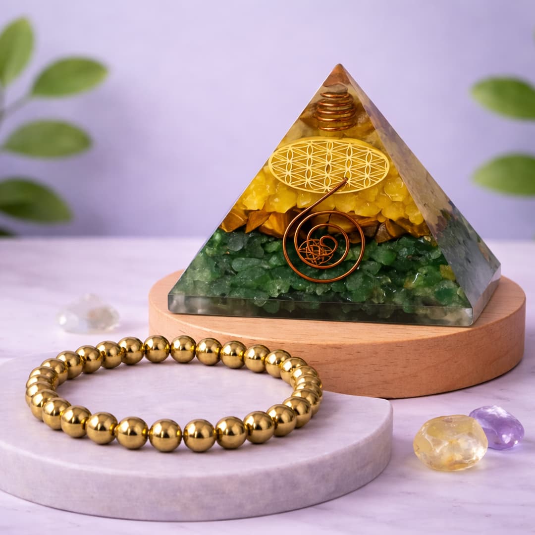 Dhan vriddhi pyramid with golden pyrite (golden pyrite bracelet + lakshmi pyramid)