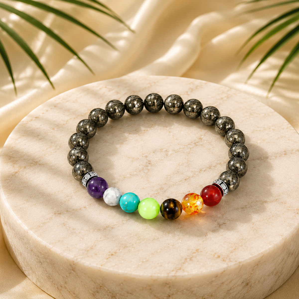 7 Chakra x natural Pyrite bracelet