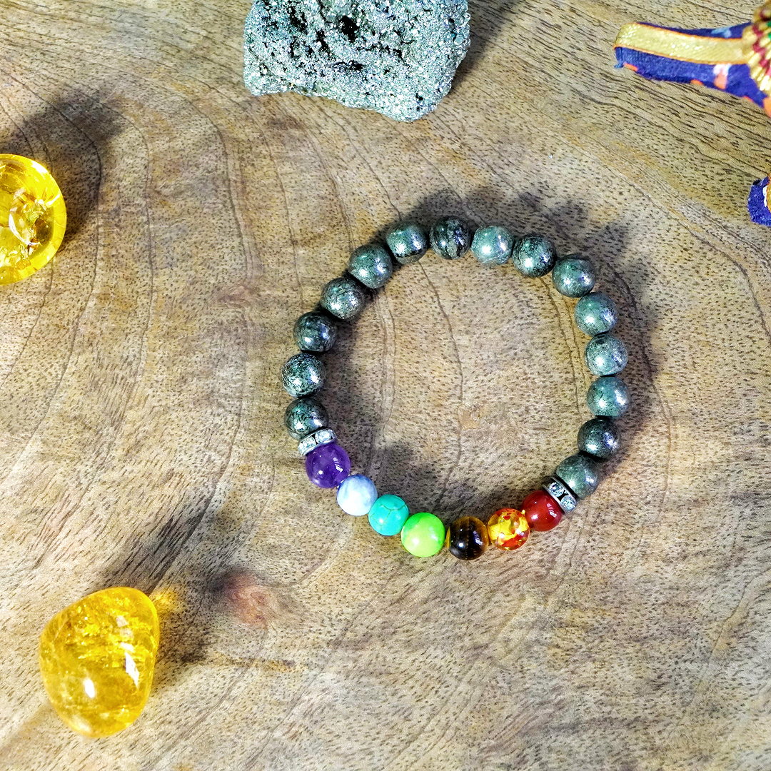 7 Chakra x natural Pyrite bracelet