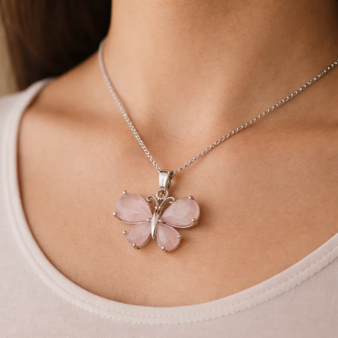 Rose quartz butterfly pendant
