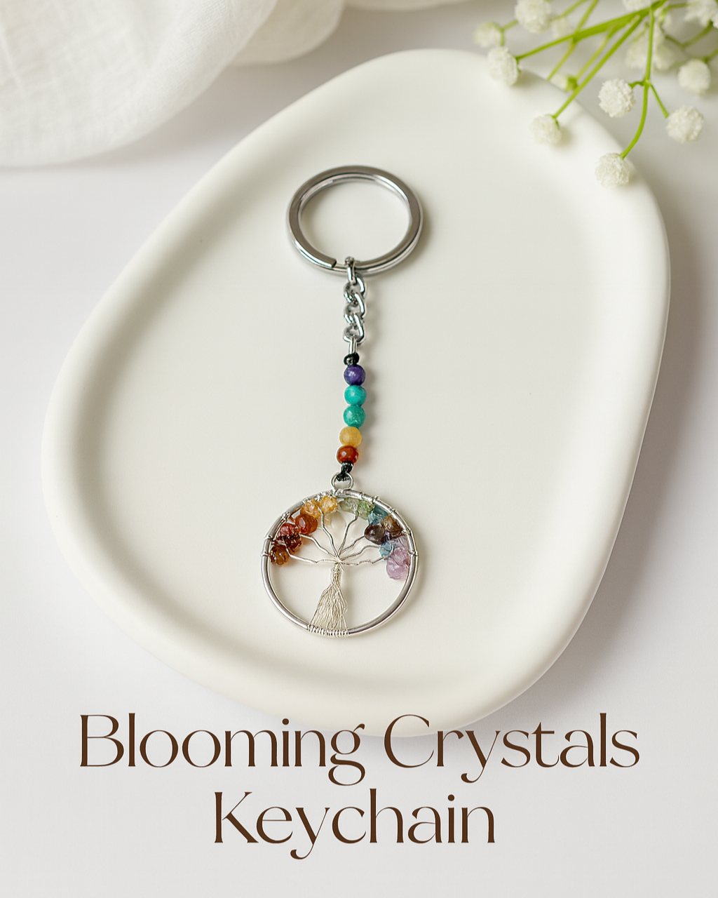 Selenite- tourmaline keyring