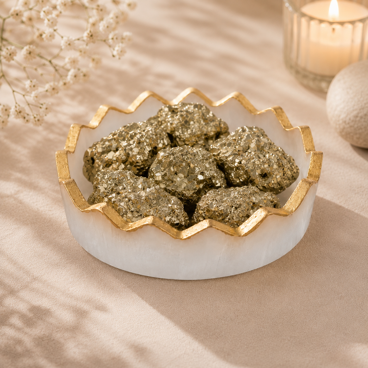 Raw pyrite 7 pcs with selenite dish