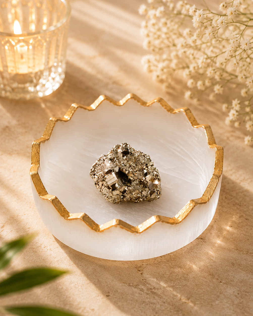 Pyrite with charging selenite dish combo