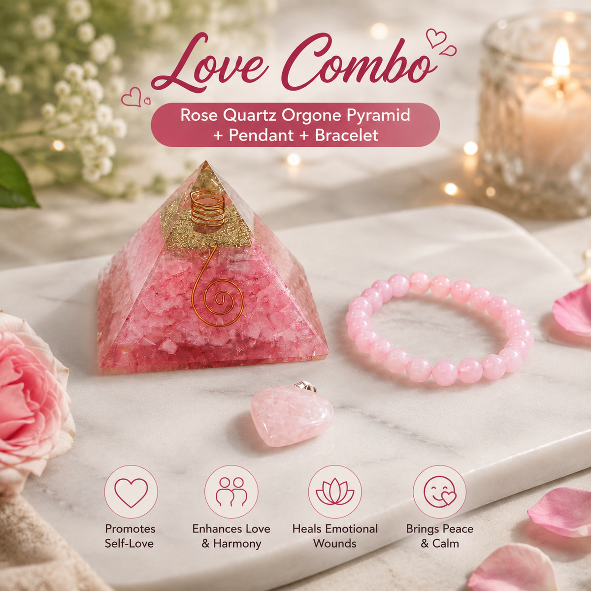 Love combo (rose quartz bracelet-rose pendant-Rose pyramid)