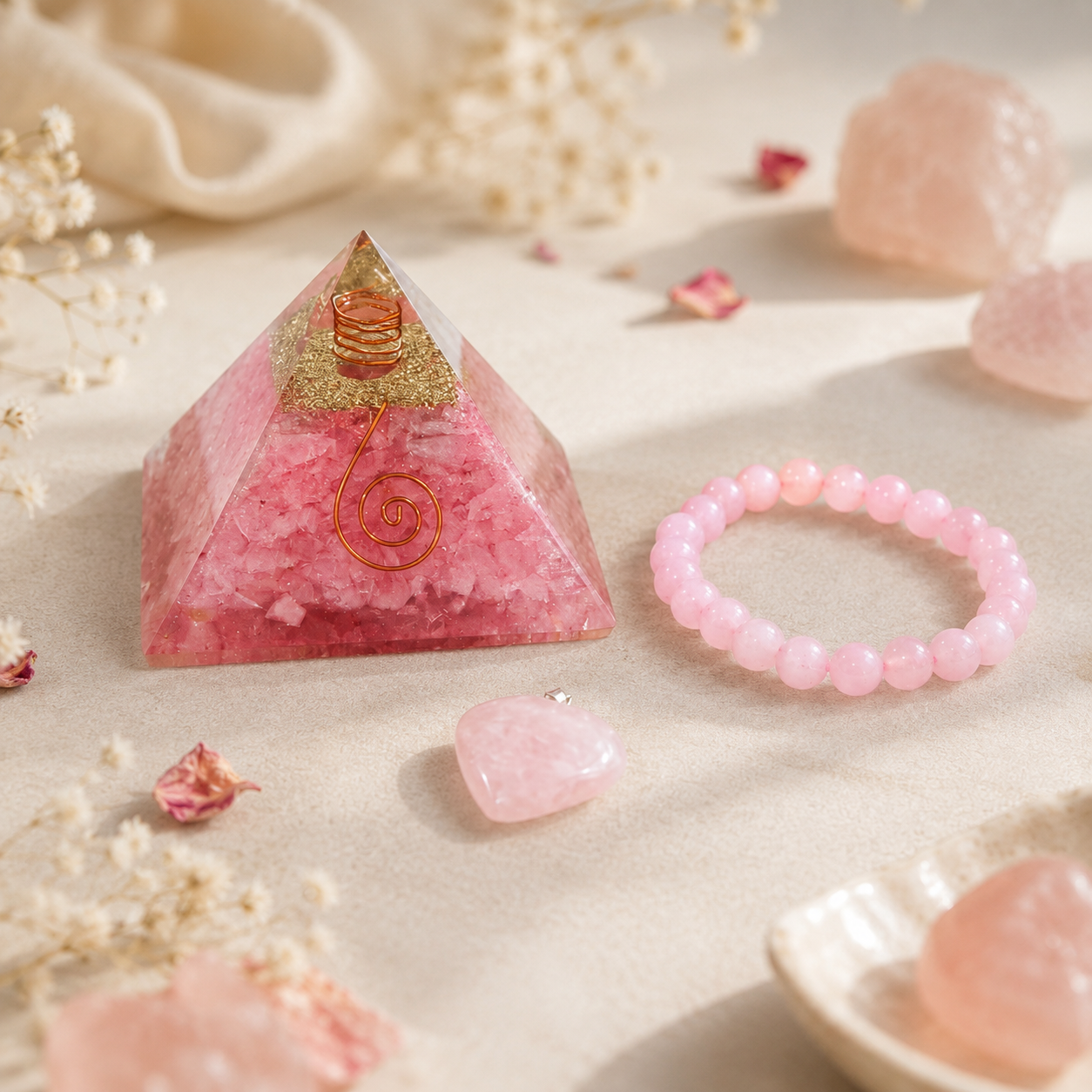 Love combo (rose quartz bracelet-rose pendant-Rose pyramid)